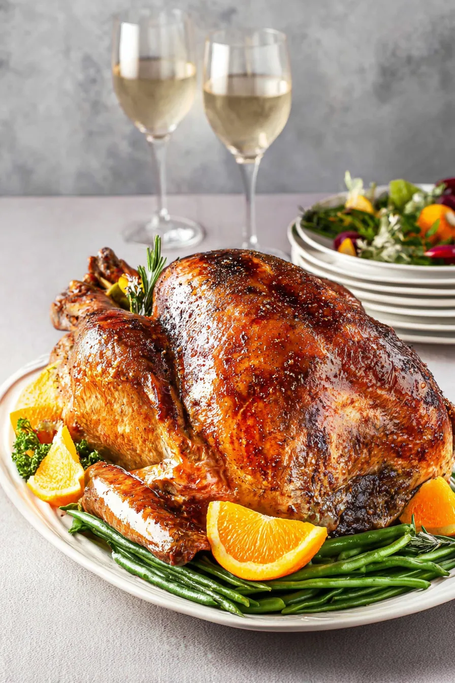 A roasted turkey with a glass of wine.