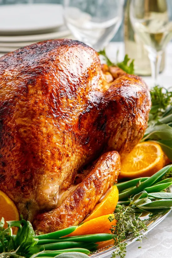 A roasted turkey with oranges and greens.