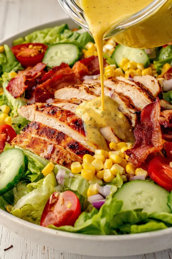 A salad with grilled chicken and honey mustard dressing.