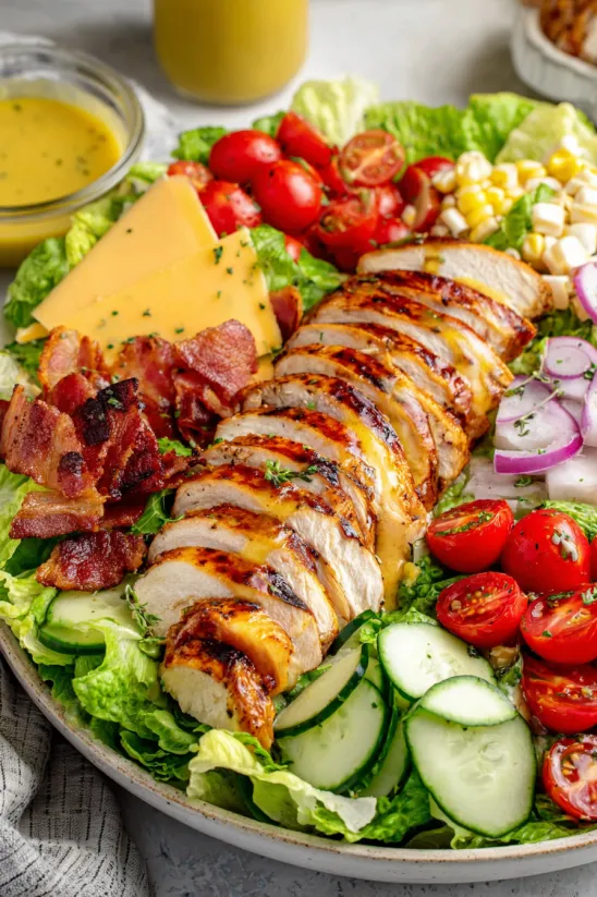 A plate of food with chicken, tomatoes, lettuce, and cheese.