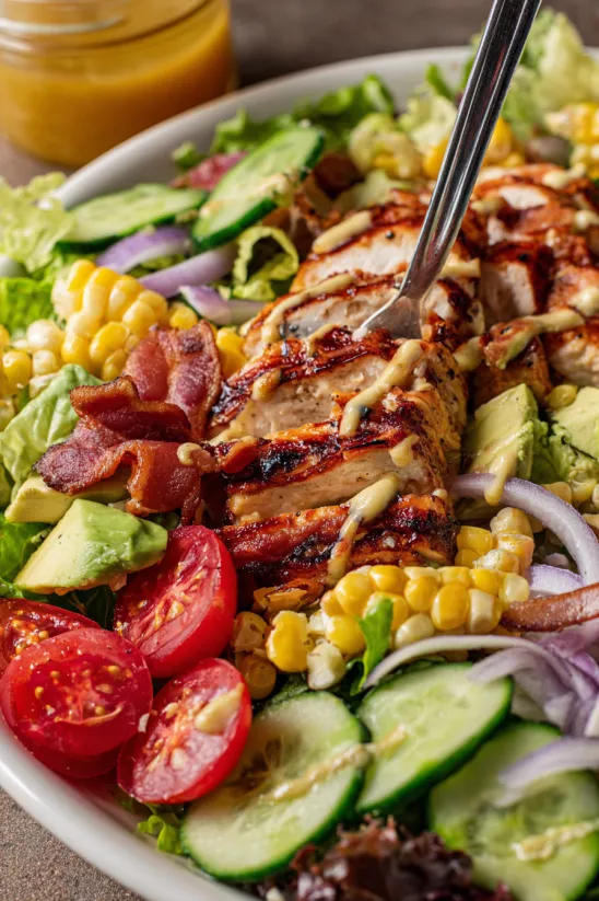A fork is stuck in a piece of chicken.