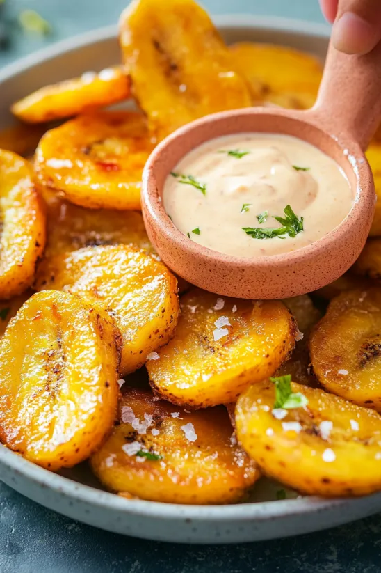 A bowl of tostones with a spoon in it.