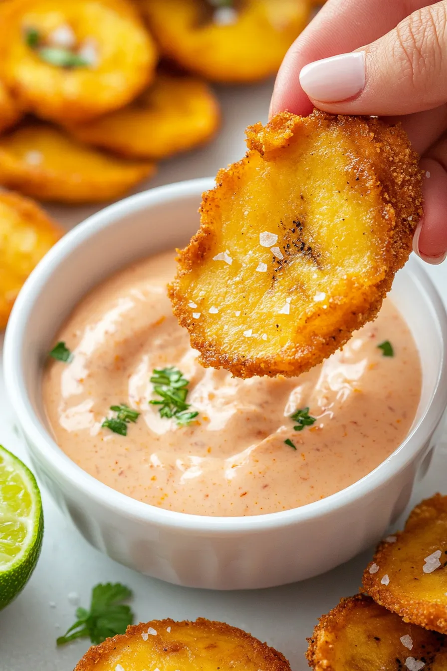 A person is dipping a piece of food into a bowl of sauce.