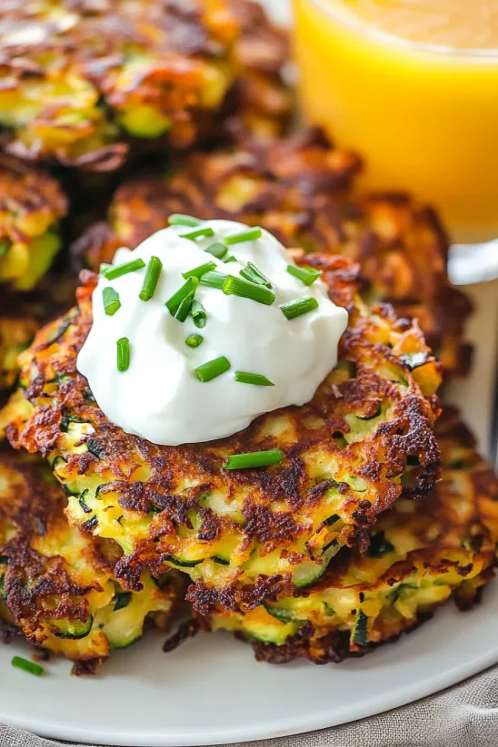 A plate of air fryer zucchini fritters with a dollop of sour cream on top.