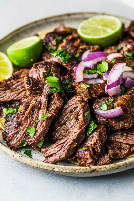 A plate of beef with onions and limes.