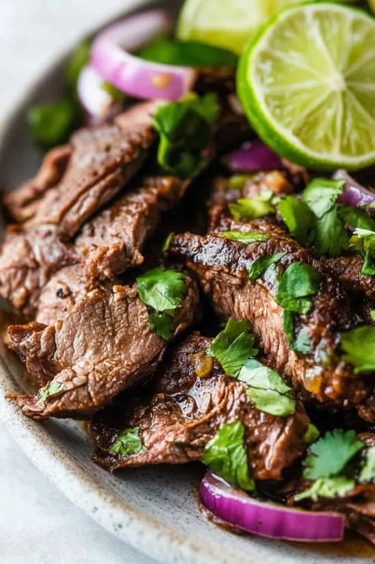 A bowl of meat with lime and cilantro.