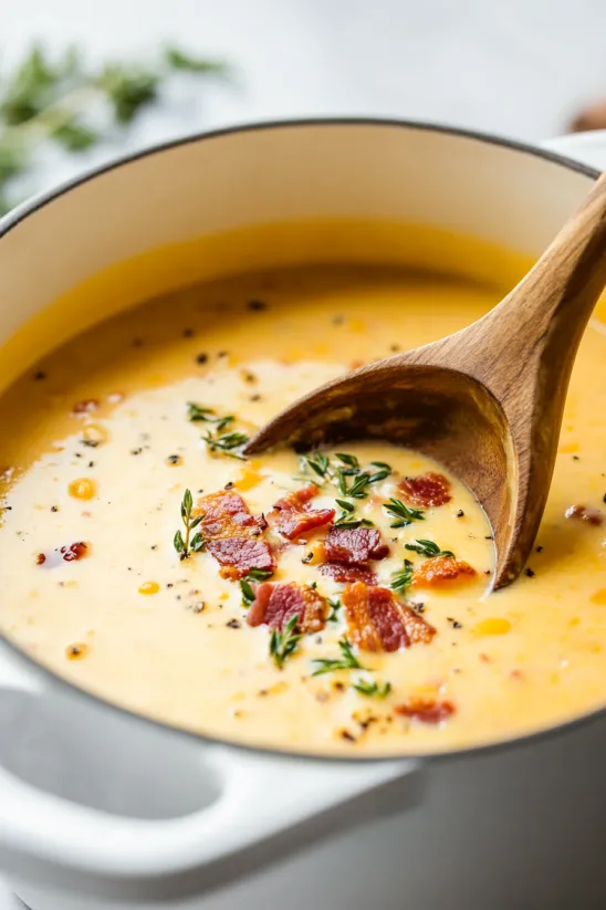 A wooden spoon in a bowl of soup.