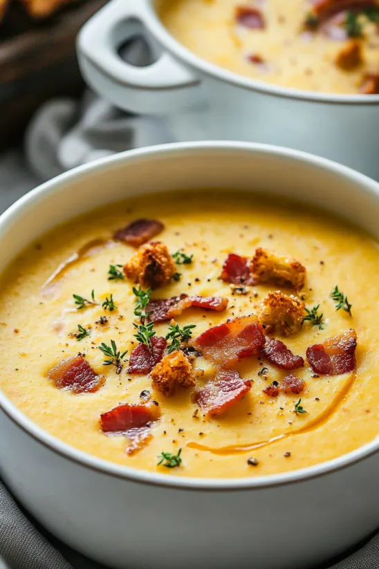 A bowl of soup with bacon and herbs.