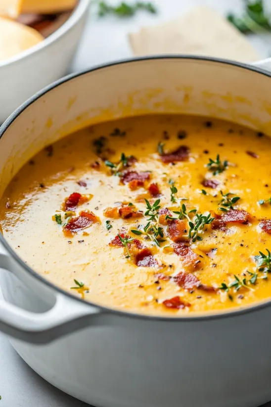 A bowl of soup with bacon and herbs.
