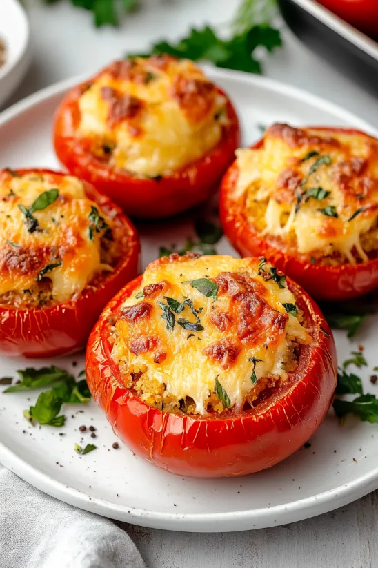 Three stuffed tomatoes on a plate.