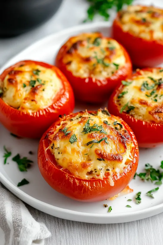 A plate of four tomatoes with cheese on top.