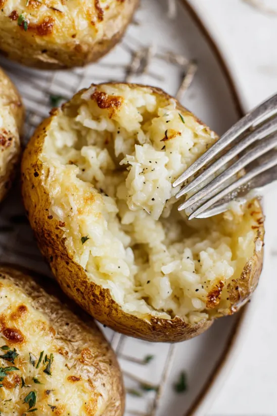 A fork is stuck in a baked potato.