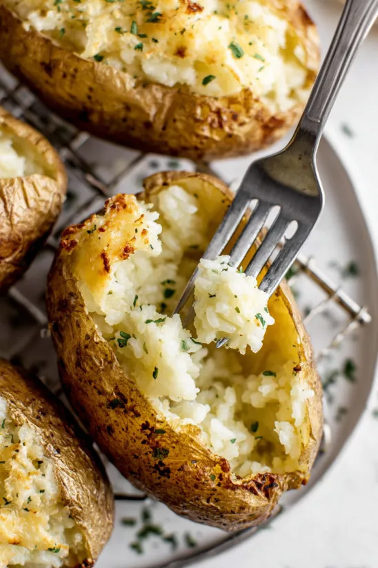 A fork is in a potato.
