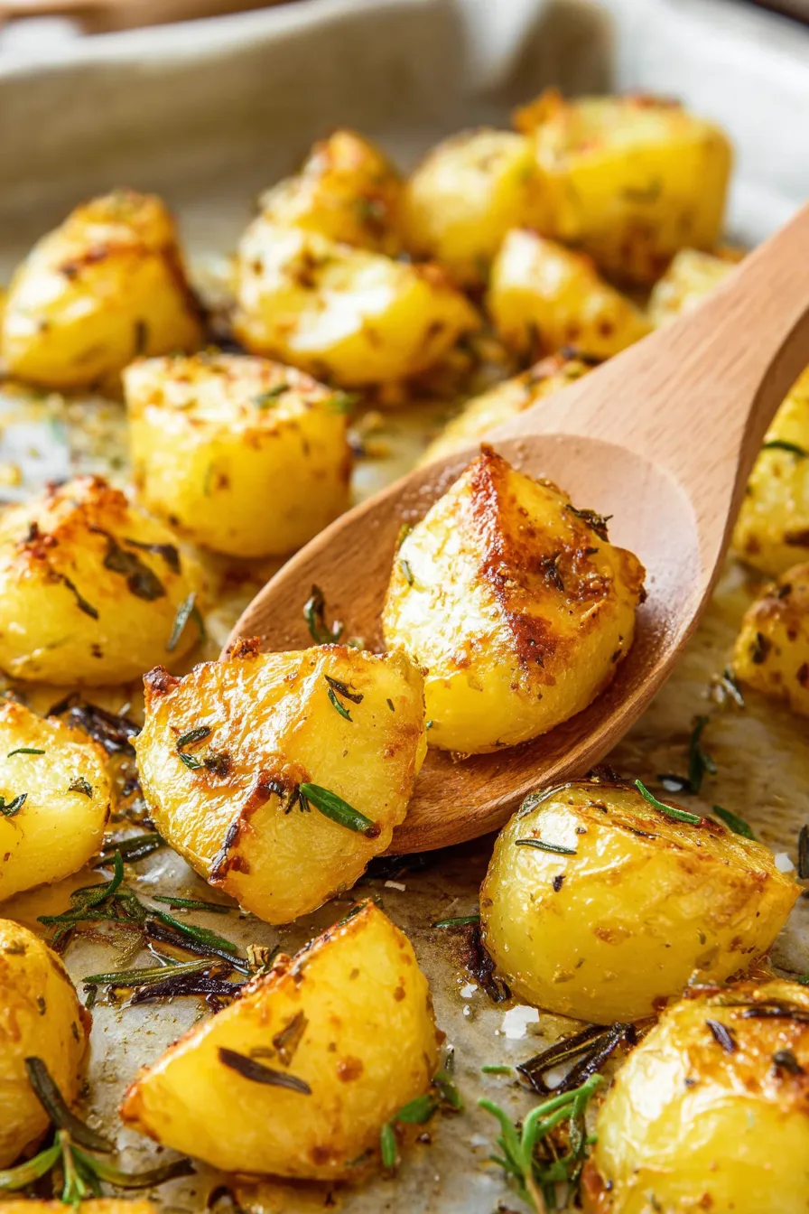 A wooden spoon is resting on a plate of herb roasted potatoes.