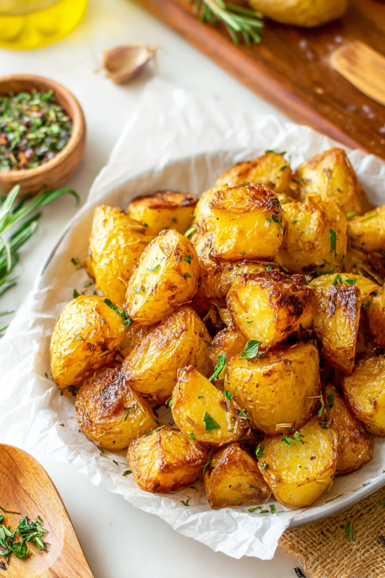 A bowl of potatoes with herbs.