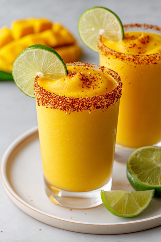Two glasses of orange juice with limes.