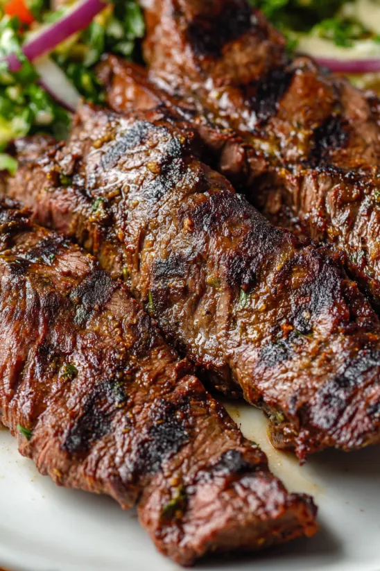 A juicy flank steak on a plate.