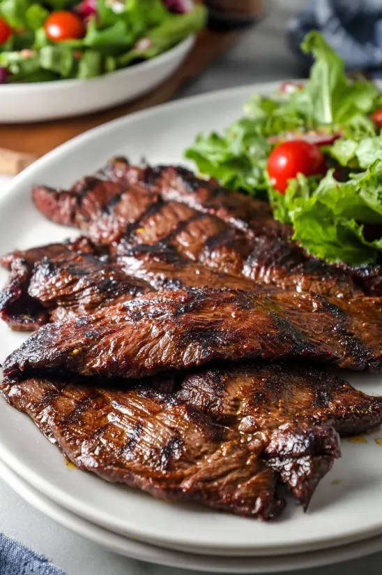A plate of meat and salad.