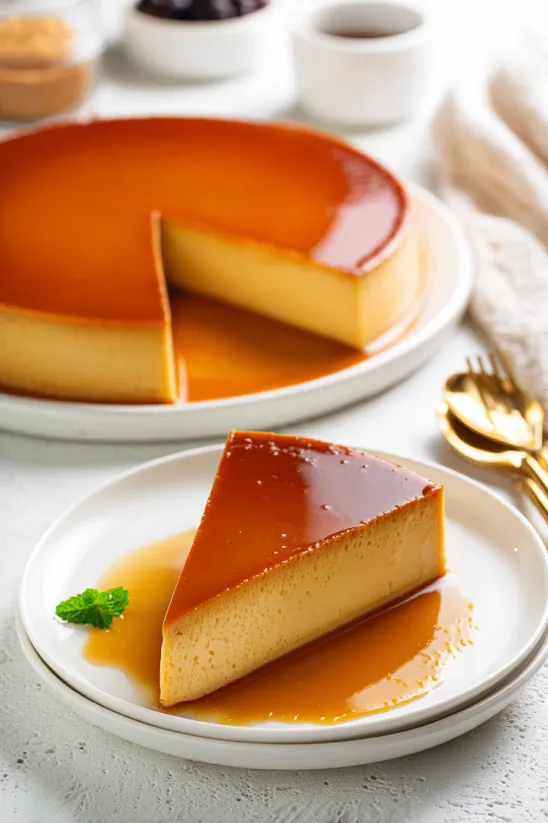 A slice of coffee flan on a plate.