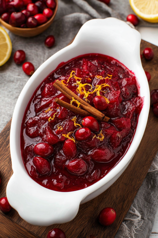 A bowl of red fruit with a cinnamon stick in it.