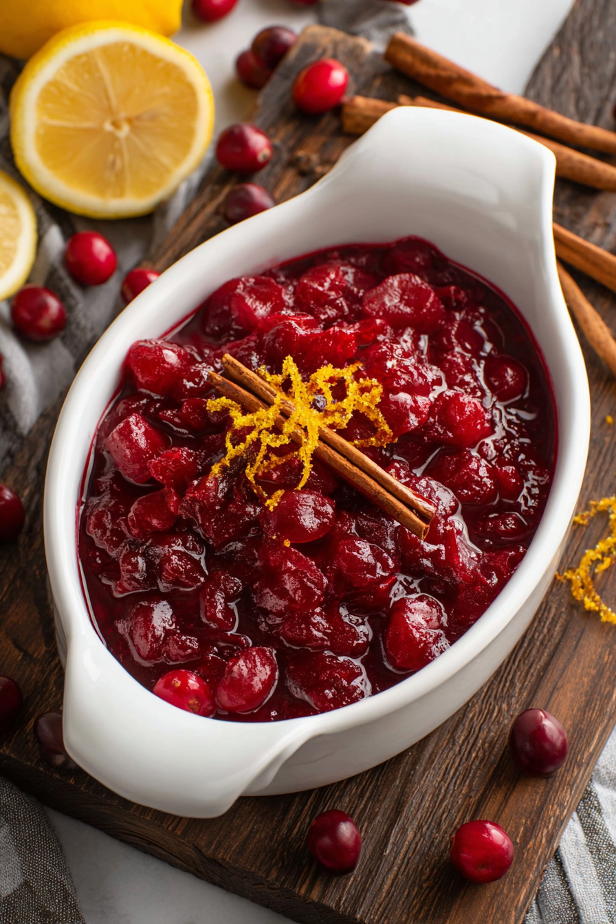 A bowl of red fruit with a cinnamon stick in it.