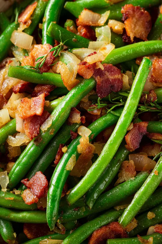 A close up of a plate of food with green beans and bacon.