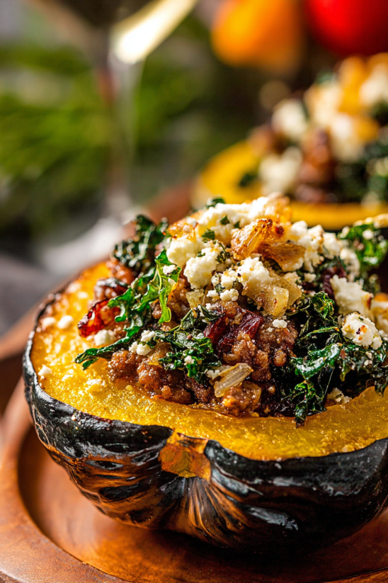A stuffed acorn squash with sausage and cheese.