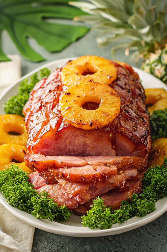 A ham with pineapple slices on top.