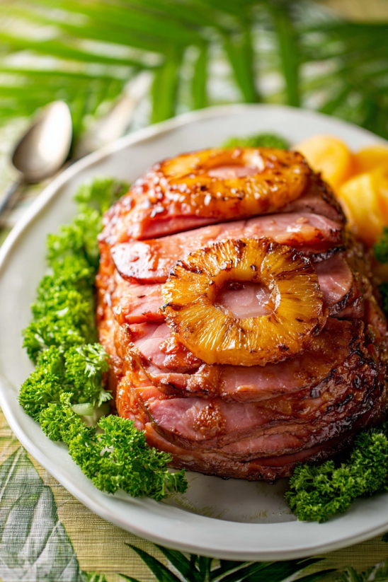 A plate of meat with a pineapple on top.