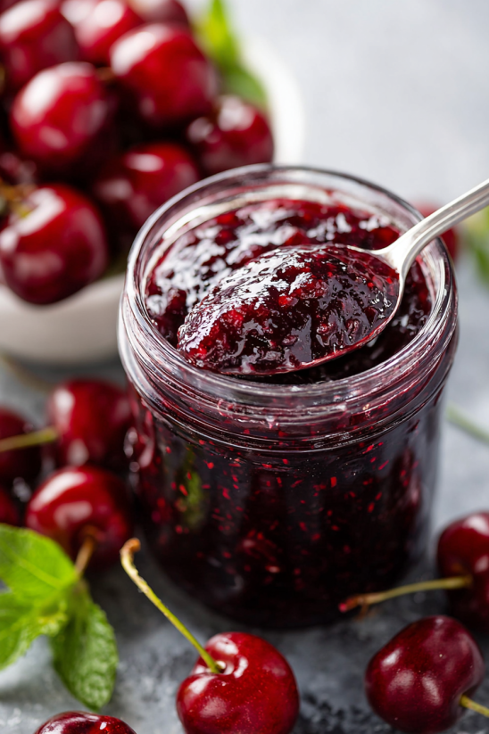 Cherry jam in a jar.