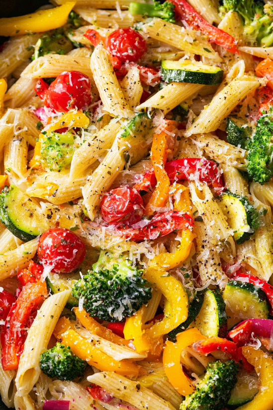 A plate of pasta with tomatoes, peppers, and broccoli.