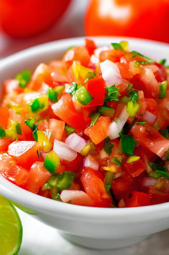 A bowl of salsa with tomatoes and green onions.
