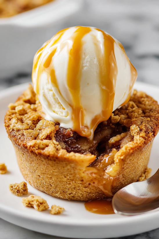 A scoop of ice cream on top of a mini apple pie cookie cup.