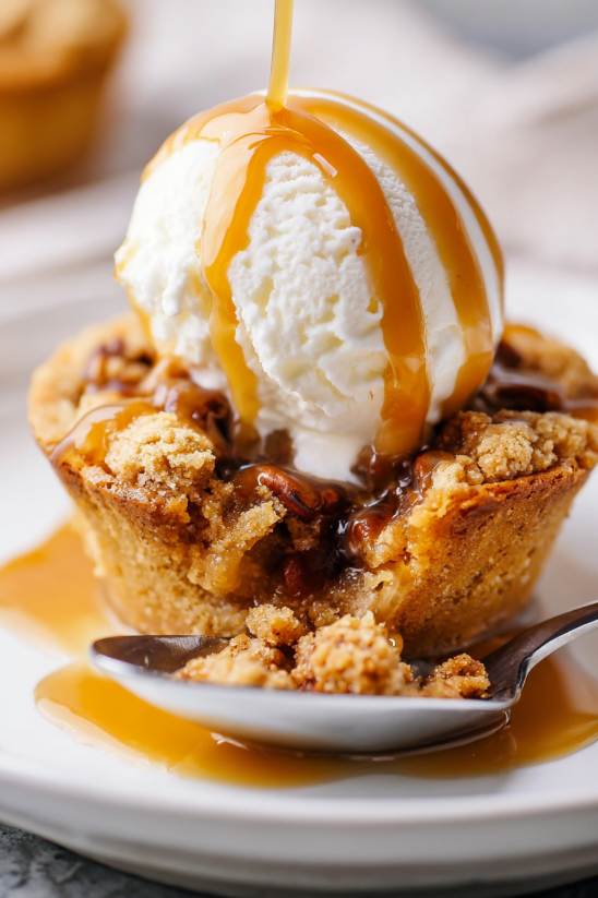 A dessert with a scoop of ice cream and caramel sauce.
