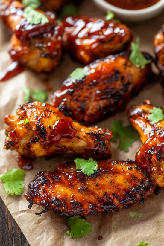 A plate of barbecue chicken wings.