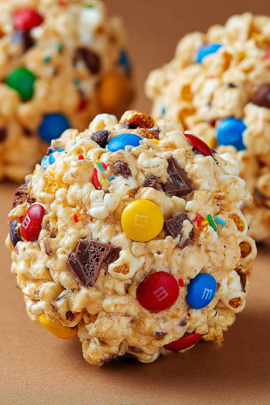 A candy ball with M&M's and marshmallows.