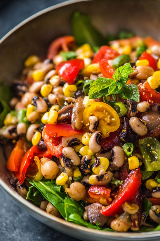 A bowl of food with tomatoes, corn, beans, and mushrooms.