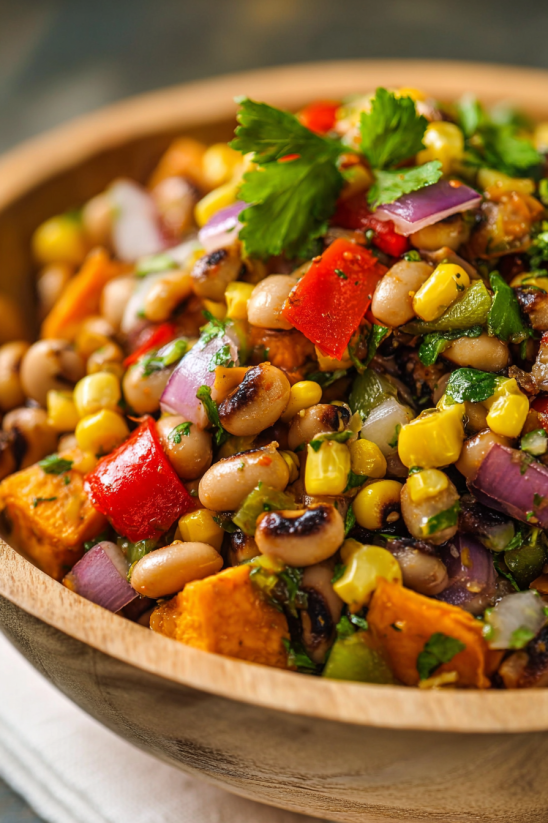 A bowl of food with beans, corn, and peppers.