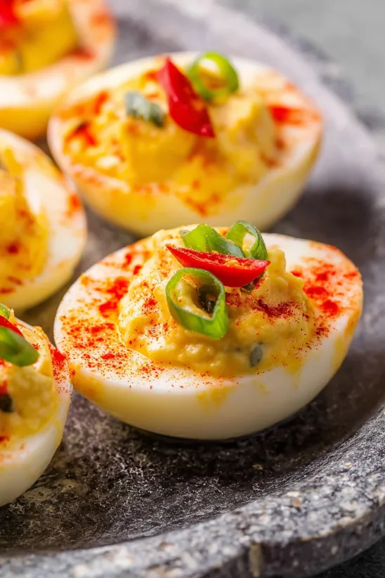 Pimento cheese deviled eggs with red peppers on top.