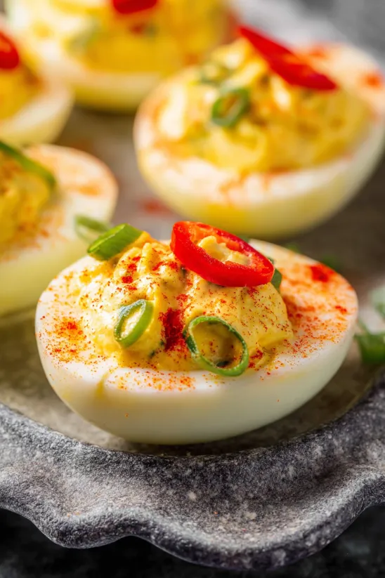 A plate of eggs with red peppers on top.