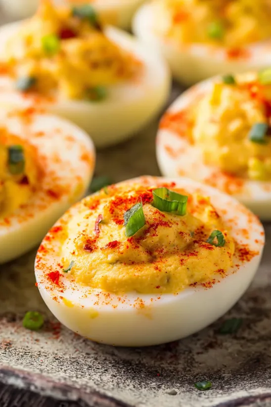 A plate of eggs with red peppers on top.