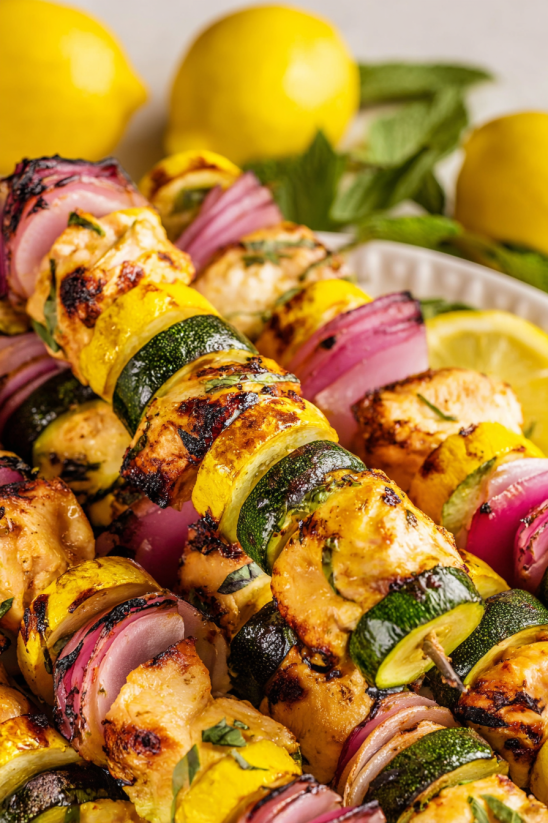 A plate of juicy grilled chicken kabobs.