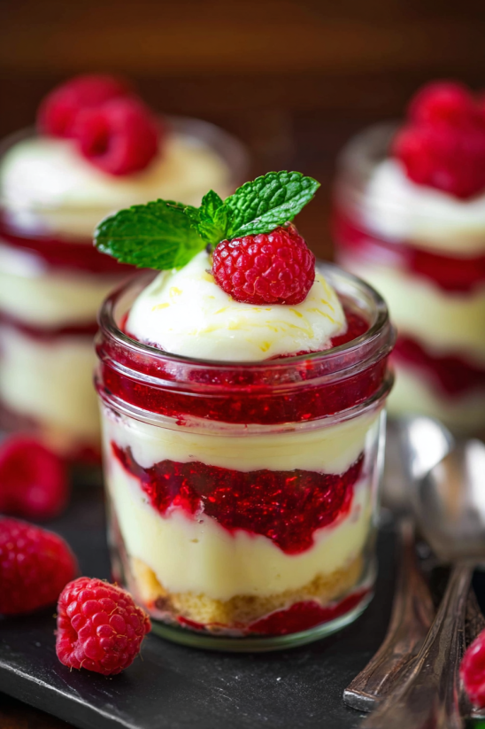 A glass jar filled with a red fruit dessert.