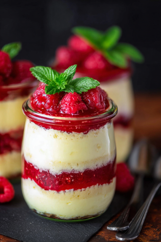 A jar of raspberry cheesecake with a leaf on top.