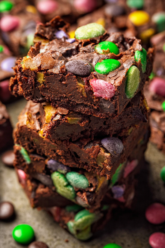 A stack of brownies with green and purple M&amp;Ms on top.