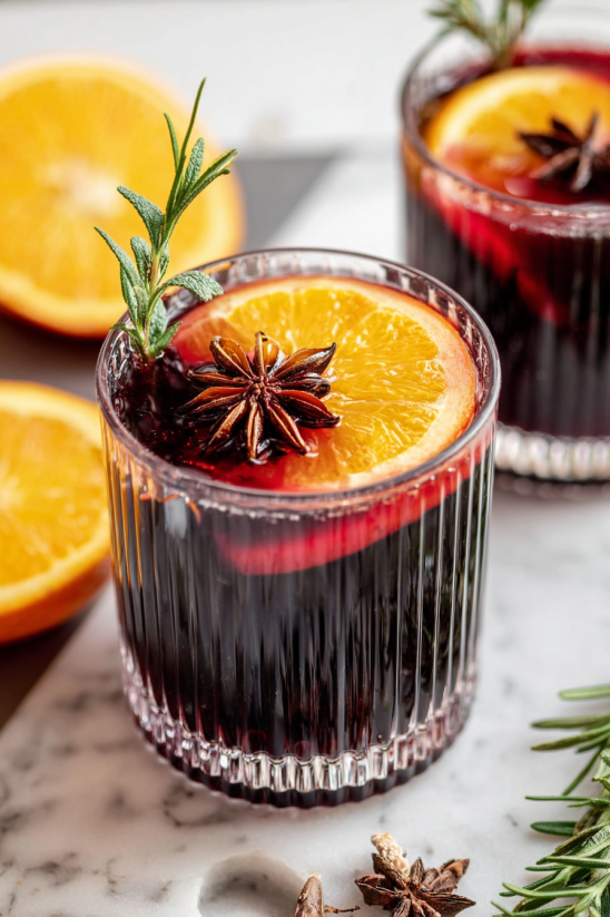 A glass of mulled wine with a sprig of rosemary.