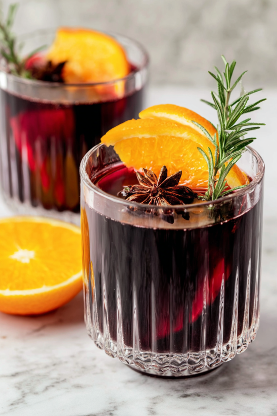 A glass of red wine with orange slices on top.