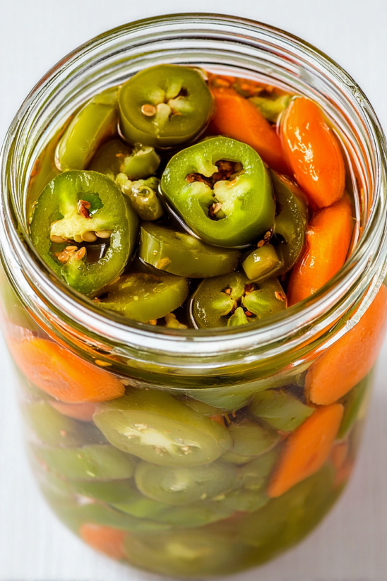 A jar of pickled jalapenos and carrots.