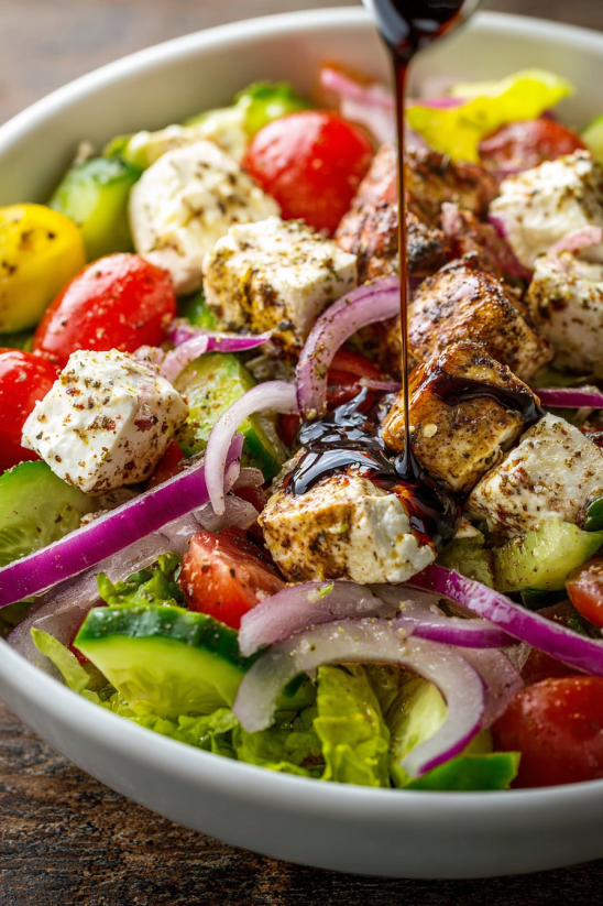 A salad with onions, tomatoes, and cheese.