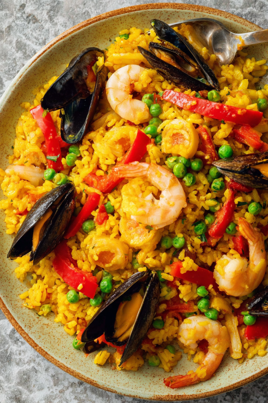 A plate of food with shrimp, peas, and mussels.